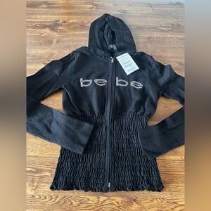 Womens Y2K Bebe Smocked Waist Rhinestone Zip-Up Hoodie Size Small NWT